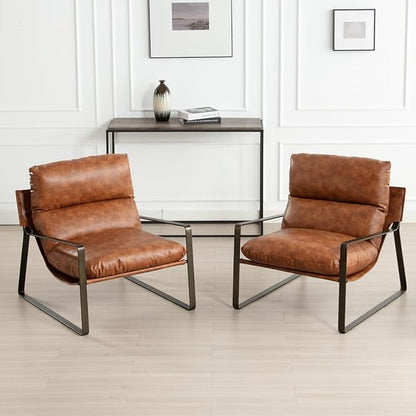 HEAH-YO Modern Accent Chairs Set of 2, Upholstered PU Fuax Leather Living Room Chairs with Bronze Metal Legs, Comfy Arm Side Chairs for Bedroom, Brown