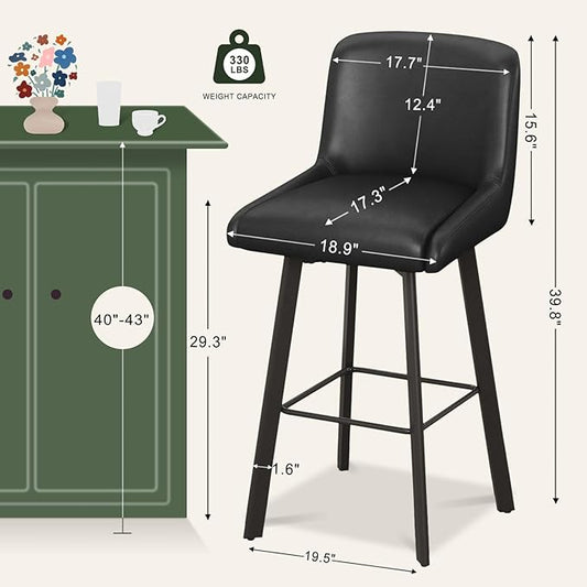 Swivel Bar Stools, 30''H Upholstered Barstools with Backs, Modern Counter Height Bar Stool Chairs for Kitchen Island, Metal Legs (Black- Faux Leather, Set of 4-30" H)