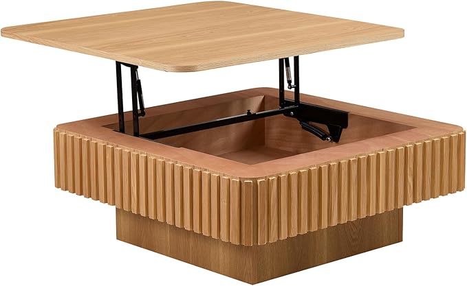 Square Lift-top Coffee Table for Living Room, Fluted Coffee Tables with Hidden Storage, Solid Wood Veneered Modern Tea Center Table for Small Space Apartment (Natural-35.43''D×14.57''H)