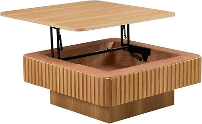 Square Lift-top Coffee Table for Living Room, Fluted Coffee Tables with Hidden Storage, Solid Wood Veneered Modern Tea Center Table for Small Space Apartment (Natural-35.43''D×14.57''H)
