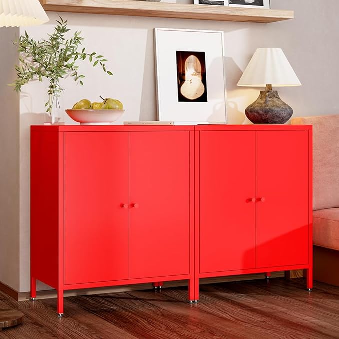 Red 2 Tier Metal Storage Cabinet with Legs, 2 Door Storage Cabinet with Adjustable Shelf, Storage Side Table, Small Accent Cabinet for Home, Office, Entryway, Kitchen,Bathroom,Dining Room