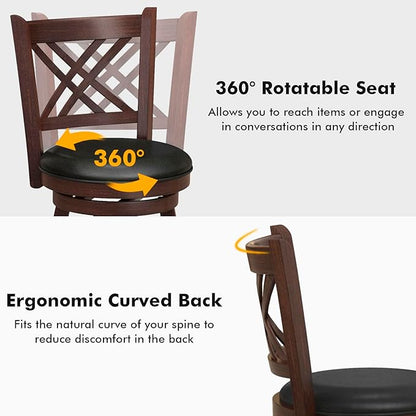 COSTWAY Bar Stool Set of 4 for Kitchen Island, Swivel Upholstered Bar Height Barstools with PU Surface, Rubber Wood Frame, 360° Rotatable Seat, Curved Back, Sturdy Footrest (4, 29" Seat Height)