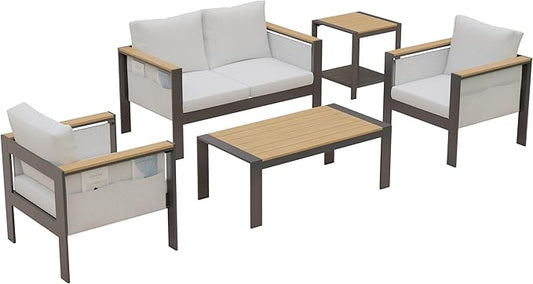 Corinth 5-Piece Aluminum Patio Conversation Set - Outdoor, Porch, Balcony, Yard, Gardern, All Weather Furniture Set with Loveseat Sofa, White