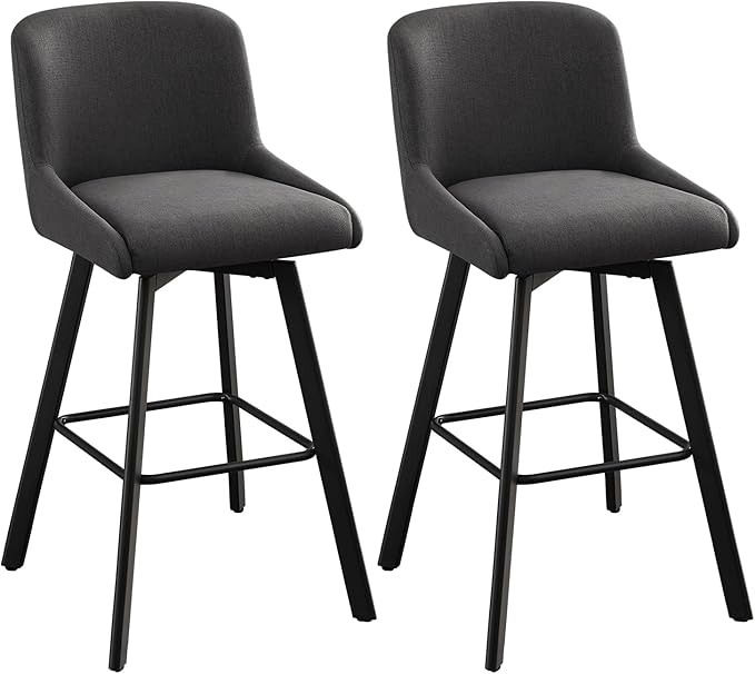 Swivel Counter Height Bar Stools Set of 2, 30''H Upholstered Barstools with Backs, Modern Bar Stool Chairs for Kitchen Island, Metal Legs, Fabric, Black Grey Stools Counter Chair