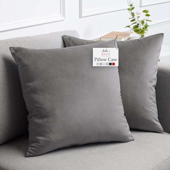 lalaLOOM Velvet Throw Pillow Covers, Set of 2, 18x18 Decorative Square Pillows Home Decor, Soft Accent Cases, Silky Machine Washable Pillowcases for Sofa, Couch, Bedroom, Living Room, Dark Gray