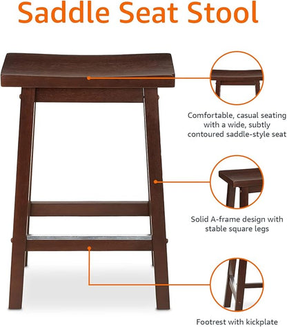 Amazon Basics Solid Wood Saddle-Seat Kitchen Counter Barstool with Footrest, Easy Assembly - 24-Inch Height - Walnut - Set of 2