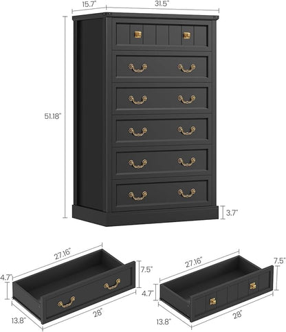 AOGLLATI Farmhouse Dresser with 6 Drawers, 51.2”Tall Wooden Chest of Drawers with Natural Texture, Vintage Design, Black Dresser for Bedroom, Black