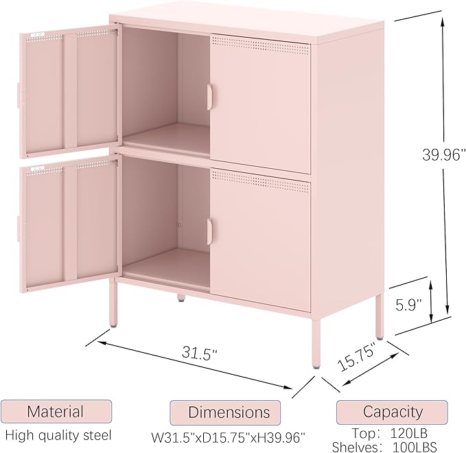 4 Door Metal Storage Locker,2-Tier Office Cabinet,Pink Metal Locker Storage Cabinet for Industrial,Home,School,Gym,31.5 x 15.8 x 40 Inches,Pink