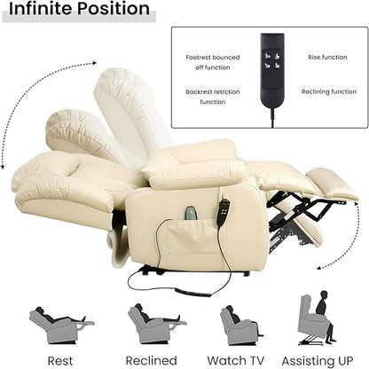 TEKAMON Power Lift Recliner Chair for Elderly with Heat & Massage, Dual Motor Breathable Leather Recliner, Lay Flat Sleeping Chairs with Infinite Position, RemoteControl(Beige, Extended)