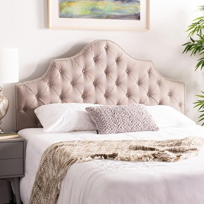 Safavieh Arebelle Taupe Linen Upholstered Tufted Headboard - Silver Nailhead (Queen)