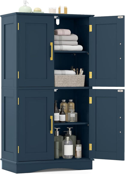 Tangkula Bathroom Floor Storage Cabinet, 43.5" H Freestanding Pantry Cabinet with 4 Doors and 2 Adjustable Shelves, Kitchen Cupboard for Living Room, Dining Room, Bathroom (Navy Blue, 43.5" H)