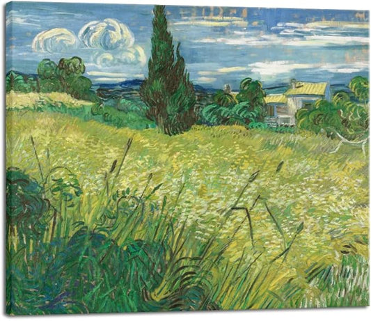 Wieco Art Abstract Canvas Prints Wall Art Green Field 1889 by Van Gogh Famous Oil Paintings Reproduction Artwork Stretched Landscape Picture for Living Room Home Office Decoration
