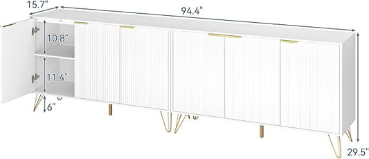 Storage Cabinet Set of 2, White Fluted Cabinet with Adjustable Shelves, Modern Coffee Bar for Kitchen, Living Room and Office