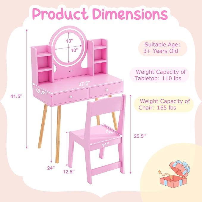 Costzon Kids Vanity, Girls Vanity Set with Mirror and Stool and Lights, Drawers, Storage Shelves, Wooden Toddler Makeup Vanity Desk Dressing Table, Kids Vanity Table and Chair Set (Pink)