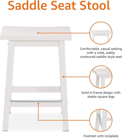 Amazon Basics Solid Wood Saddle-Seat Kitchen Counter Barstool with Footrest, Easy Assembly - 24-Inch Height - White - Set of 2