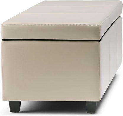 SIMPLIHOME Avalon 48 inch Wide Contemporary Rectangle Storage Ottoman Bench in Satin Cream Vegan Faux Leather, Assembled, for the Living Room, Entryway and Family Room