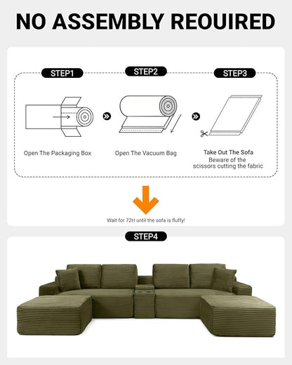 150" Oversized Modular Sectional Sofa,Deep Seat Cloud Corduroy Boneless Couch with Cup Holders,USB Ports, Wireless Charging & Storage Box,Upholstered Modular Sleeper Sofa for Living Room (Green)