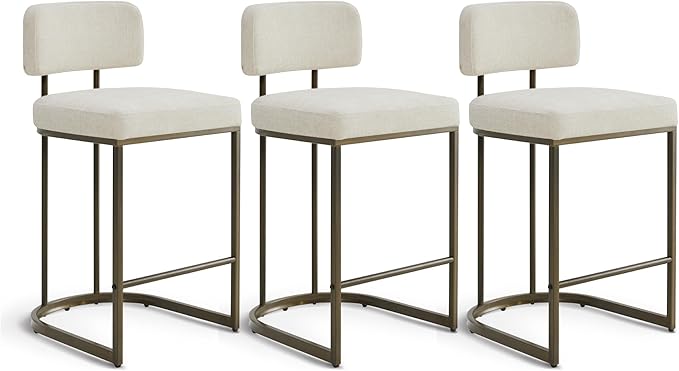 26" H Counter Height Bar Stools Set of 3, Modern Linen Fabric Upholstered Barstools with Backrest for Kitchen Island, Gold Metal Frames, Linen