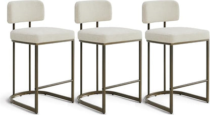 26" H Counter Height Bar Stools Set of 3, Modern Linen Fabric Upholstered Barstools with Backrest for Kitchen Island, Gold Metal Frames, Linen
