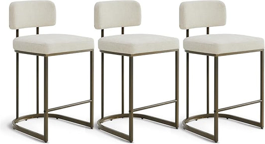 26" H Counter Height Bar Stools Set of 3, Modern Linen Fabric Upholstered Barstools with Backrest for Kitchen Island, Gold Metal Frames, Linen