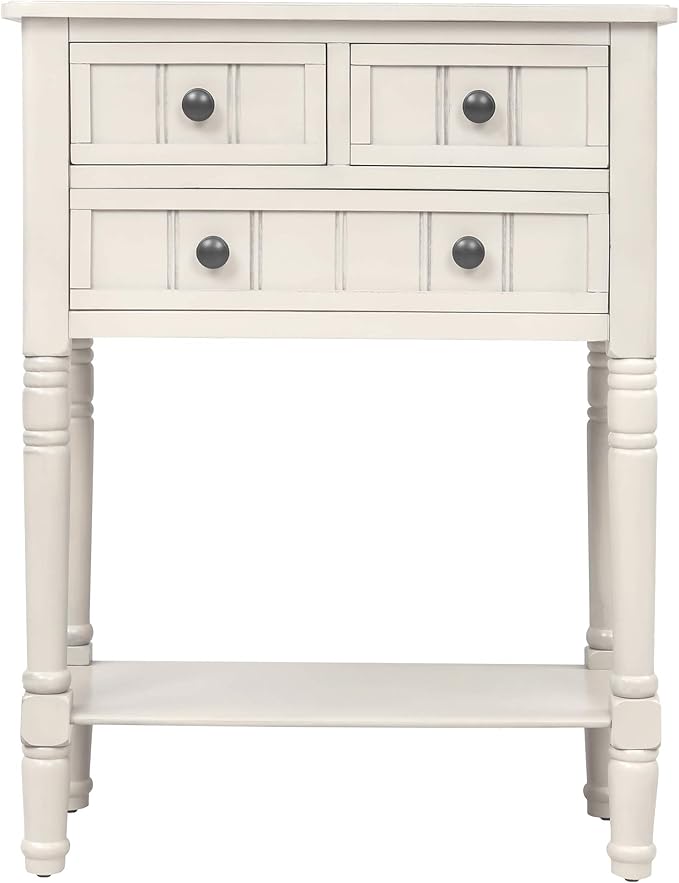 Knocbel Slim Antique Entry Console Table with Drawers & Bottom Open Shelf, Solid Wood Sofa Couch Table for Entryway Hallway Living Room (Ivory White)
