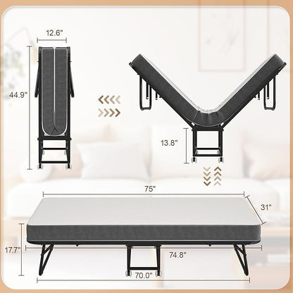 75" x 31" Folding Bed with Mattress for Adults, Portable Foldable Single Beds with Memory Foam Mattress & Super Strong Frame, Convenient Roll Away Guest Bed for Storage