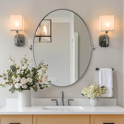 ANDY STAR Brushed Nickel Bathroom Mirror, 22 x 34 Inch Oval Pivot Mirror for Wall, Unique Farmhouse Tilt Mirror in Slim Silver Stainless Steel Metal Frame for Bedroom, Powder Room