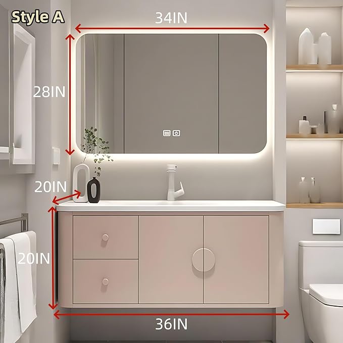 36IN Pink Modern Bathroom Vanity - Bathroom Vanities Set with 2 Drawers Wall Mounted | Rounded Corner Smart Defogging Mirror Cabinet with Lighting & Time Display, Side Opening Storage Shelf (Style A)