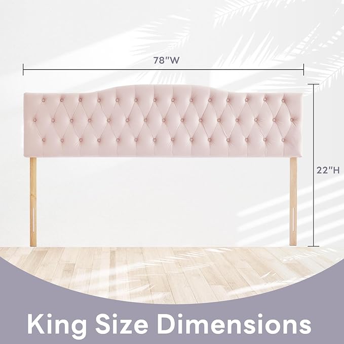 Upholstered King Headboard, Button Diamond Tufted Headboard with Adjustable Height and Solid Wood Leg, Velvet Padded Headboards for King Size Bed, Modern Head Board (Pink)