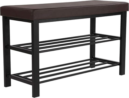 SONGMICS Shoe Bench, 3-Tier Shoe Rack for Entryway, Storage Organizer with Foam Padded Seat, Faux Leather, Metal Frame, for Living Room, Hallway, 12.2 x 31.9 x 19.3 Inches, Brown ULBS58Z
