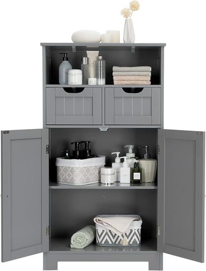 COSTWAY Bathroom Storage Cabinet, Freestanding Storage Organizer with 2 Drawers & Adjustable Shelf, Wooden Floor Cabinet for Living Room, Bedroom, Kitchen, Entryway (Gray)
