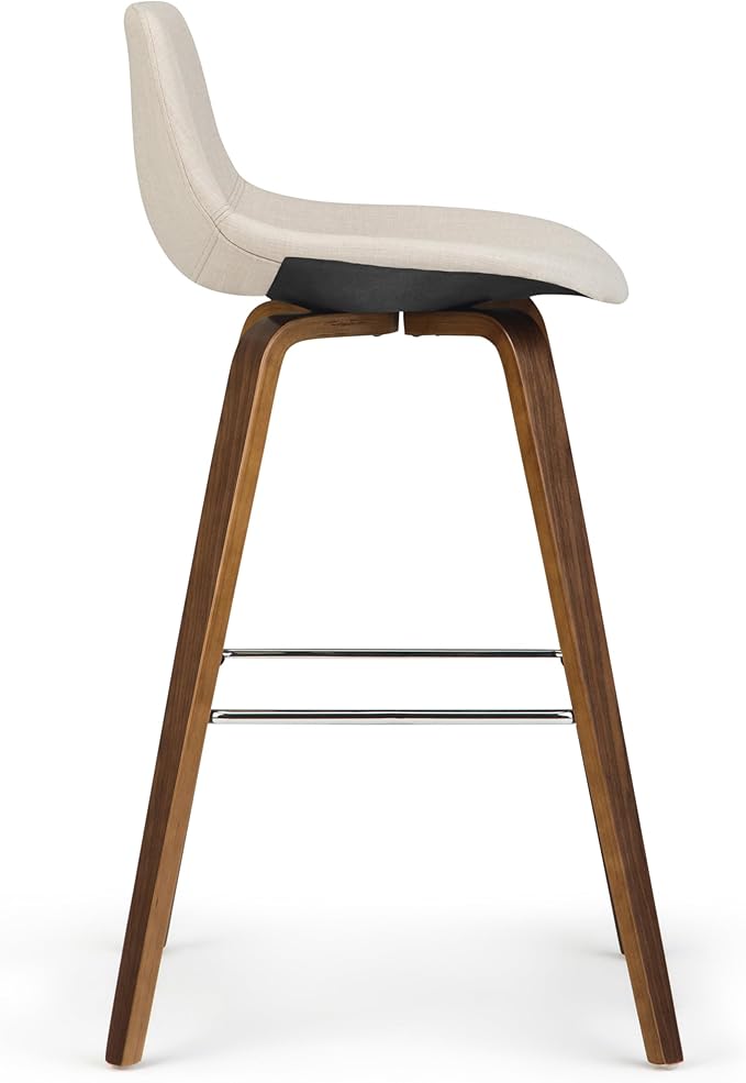 SIMPLIHOME Randolph Counter Stools (Set of 2) - 28 Inch Seat Height Upholstered Bentwood Kitchen Seats in Natural Linen Look Fabric, Mid Century Modern Seating with Curved Backrest and Chrome Footrest