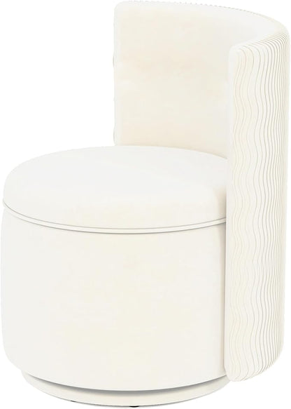 360° Swivel Accent Chair with Storage, Vanity Stool with Back, Velvet Storage Ottoman, Upholstered Round Barrel Vanity Chair for Living Room, Makeup Room, Bedroom (White High-Back)
