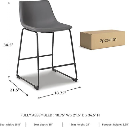 Signature Design by Ashley Centiar Modern Faux Leather 23.75" Counter Height Bucket Seat Barstool, Tubular Metal Base, Footrest for Comfort, Set of 2, Gray