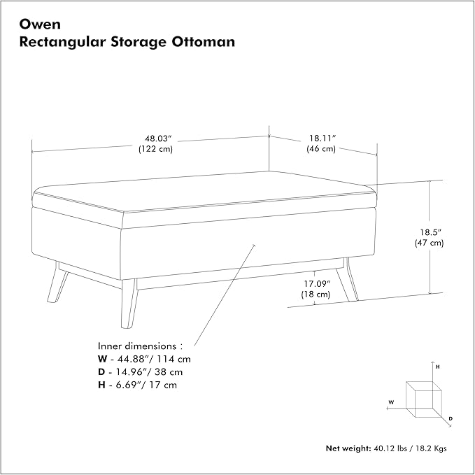 SIMPLIHOME Owen 48 inch Wide Mid Century Modern Rectangle Rectangular Storage Ottoman in Distressed Black Vegan Faux Leather, Assembled, for the Living Room, Entryway and Family Room