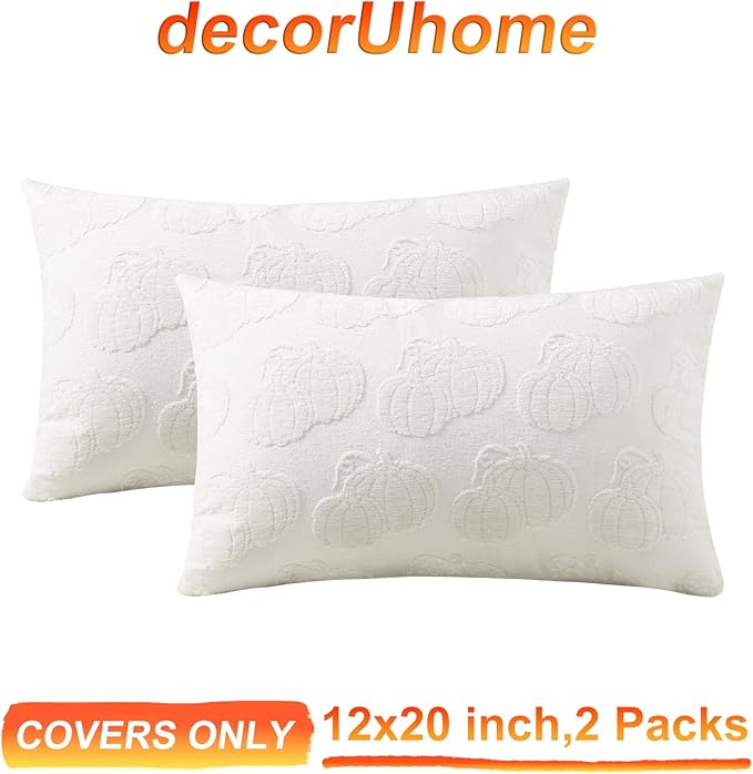 decorUhome Decorative Two Cream White Pumpkins Thanksgiving Throw Pillow Covers 12x20 Set of 2, Soft Chenille Jacquard Farmhouse Textured Pillow Covers for Couch Sofa Autumn Harvest Halloween Holiday