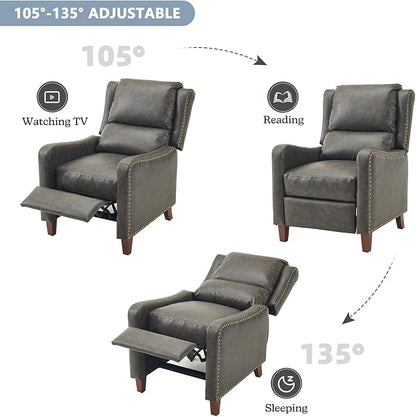 Pushback Recliner Chair, PU Leather Push Back Armchair, Upholstered Recliner Chair 105-135 Degree Adjustable, Retro Accent Chair for Living Room Bedroom - Gray
