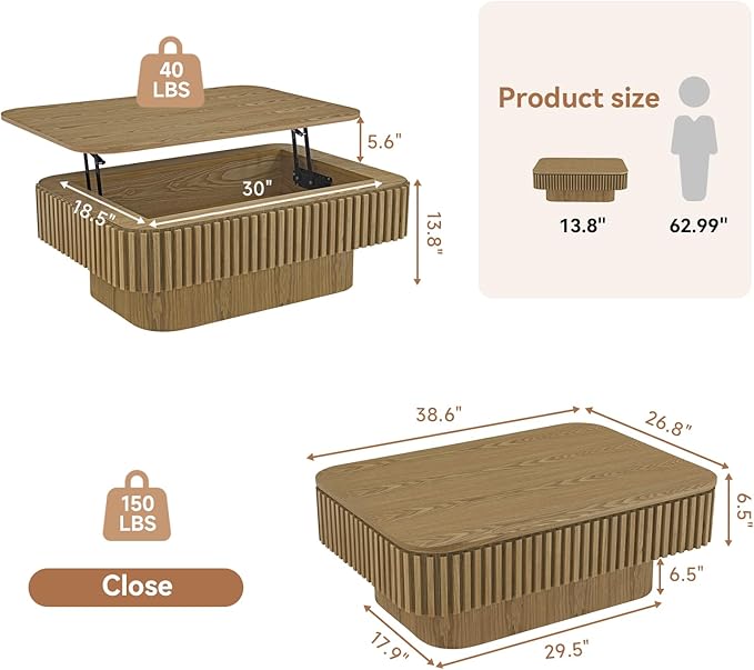 Lift Top Coffee Table for Living Room, Fluted Coffee Tables with Storage, Solid Wood Veneered Modern Accent Tea Center Table for Small Space Apartment (Natural-38.6''D×26.8''H)