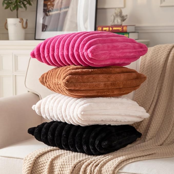 DEELAND Pack of 2,Double-Sided Faux Fur Plush Decorative Throw Pillow Covers Fuzzy Striped Soft Pillowcase Cushion Covers for Sofa Couch Bedroom Black 18x18 inch