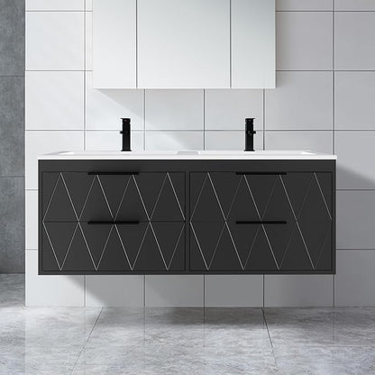 eclife 48" Bathroom Vanities Cabinet with Sink Combo, Wall Mounted Floating Cabinet W/Decor Line, Soft-Close System, 4 Extra Big Drawers, Matte Black Faucet, Black
