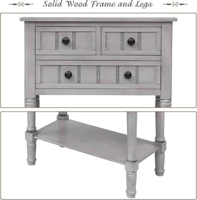 Knocbel Slim Antique Entry Console Table with Drawers & Bottom Open Shelf, Solid Wood Sofa Couch Table for Entryway Hallway Living Room (Gray Wash)