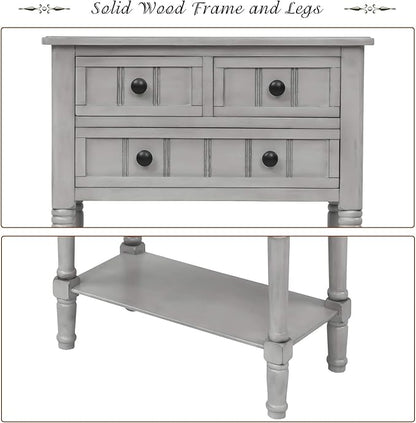 Knocbel Slim Antique Entry Console Table with Drawers & Bottom Open Shelf, Solid Wood Sofa Couch Table for Entryway Hallway Living Room (Gray Wash)