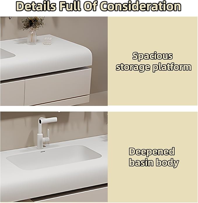 44IN Bathroom Vanity with Sink - Bathroom Cabinet Set has 2 Drawers & Overflow Hole Wall Mounted | LED Practical Defogging Mirror, Open Compartments, Seamless Rock Slab Basin (Cream White)