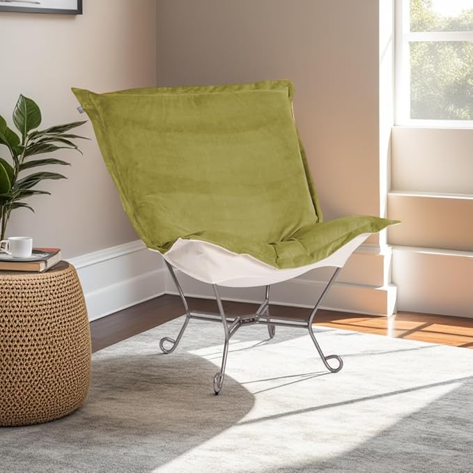 Howard Elliott Scroll Puff Rocker Seating Chair With Cover, Multipurpose Alternate Seating Butterfly Chair with Titanium Frame, Patio Furniture for Camping, Home, Indoor & Outdoor, Bella Moss
