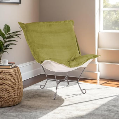 Howard Elliott Scroll Puff Rocker Seating Chair With Cover, Multipurpose Alternate Seating Butterfly Chair with Titanium Frame, Patio Furniture for Camping, Home, Indoor & Outdoor, Bella Moss
