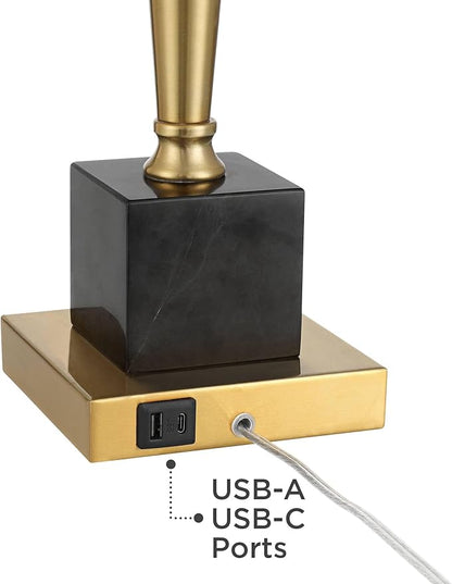 Possini Euro Design Wayne 29 1/4" Tall Modern Glam Luxury End Table Lamp with USB Ports A+C Charging Brass Finish Metal Black Marble Living Room Bedroom Bedside Nightstand House Office Home