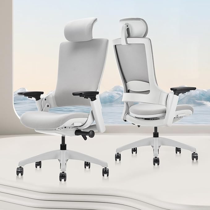 CLATINA Ergonomic High Swivel Executive Chair with Adjustable Height Head 3D Arm Rest Lumbar Support and Upholstered Back for Home Office Studio, Gray Fabric, 2 Pack