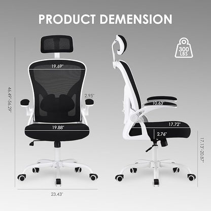 Farini Ergonomic Office Chair, Home Office Desk Chair with Headrest, High Back Computer Chair with Armrests and Adjustable Lumbar Support for Home Office Study Room, White & Black