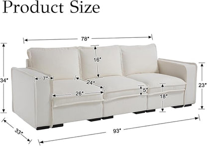 EALSON 93 Inch Modular Sectional Sofa Modern Comfy 3-Seater Couch Sofa Linen Fabric Upholstered Cloud Couches with 24" Deep Seat and Wooden Legs for Bedroom/Living Room/Office, White