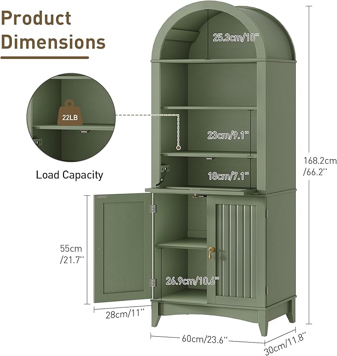 66" Tall Bathroom Storage Cabinet with Flip Drawer, Freestanding Storage Cabinet with Doors & Shelves,Arched Cabinets for Bathroom, Living Room, Kitchen, Laundry, Green